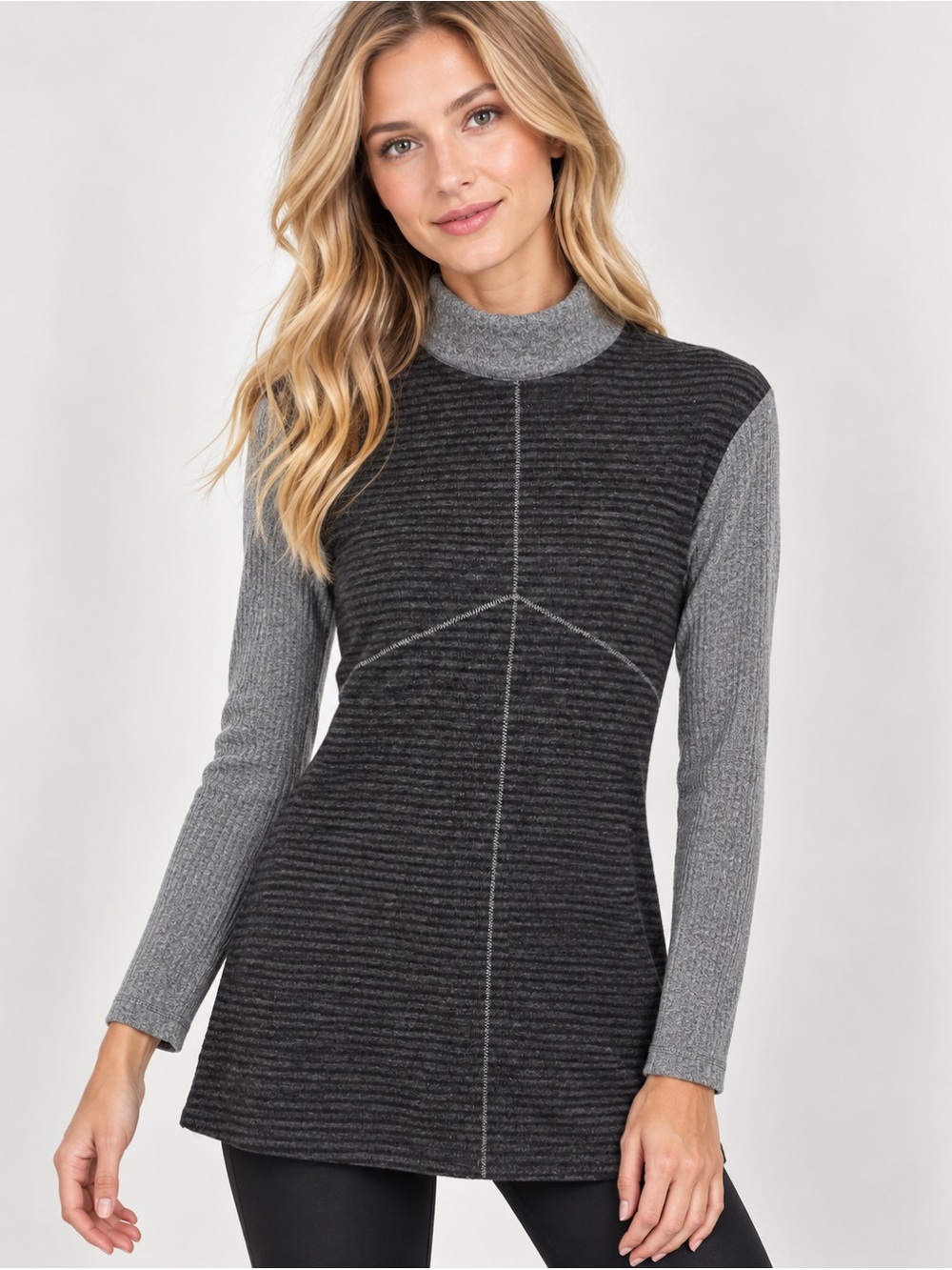 Prana Two-Tone Mock Neck Long Sleeve Tunic Dress-Charcoal & Heather Gray-Size S